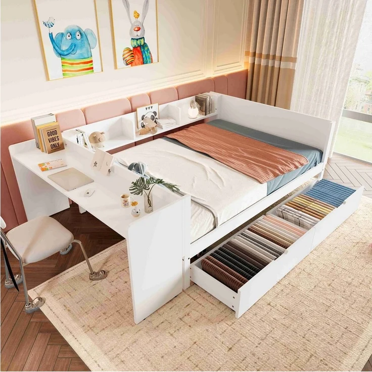 BlingBin Holzbett Kinderbett Multifunktionales Bett (1-tlg, mit Schreibtisch, 2 Schubladen und 3 Bücherregal, Ohne Matratze), weiß,Kiefernholz+Spanplatte, 140x200cm, für Kinder und Jugendliche – Bild 2