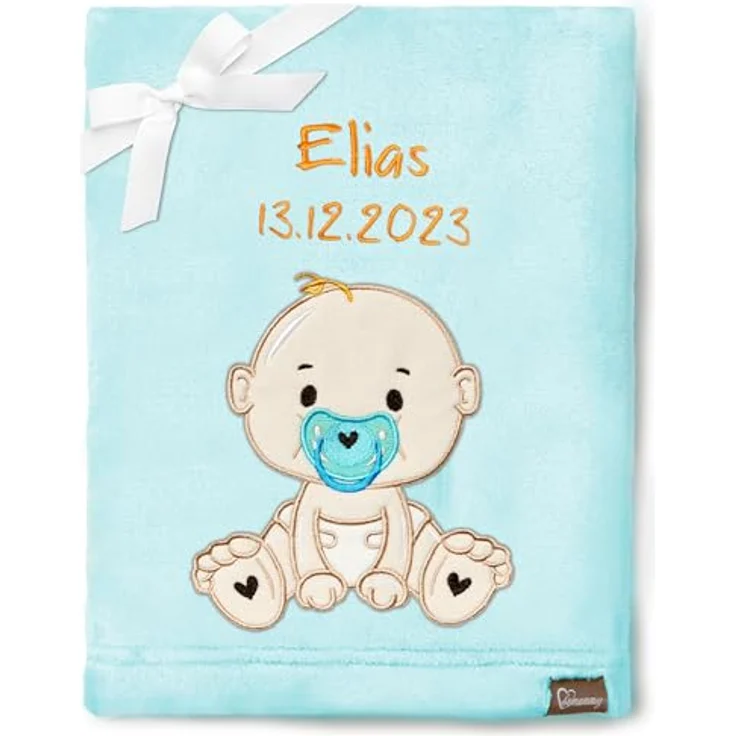 Be Mammy Personalisierte Babydecke mit 3D Applikation Warme Kuscheldecke mit Namen und Geburtsdatum; Perfektes Baby Geschenk; Blanket; Krabbeldecke BE20-280 (Puderblau - Junge) – Bild 2
