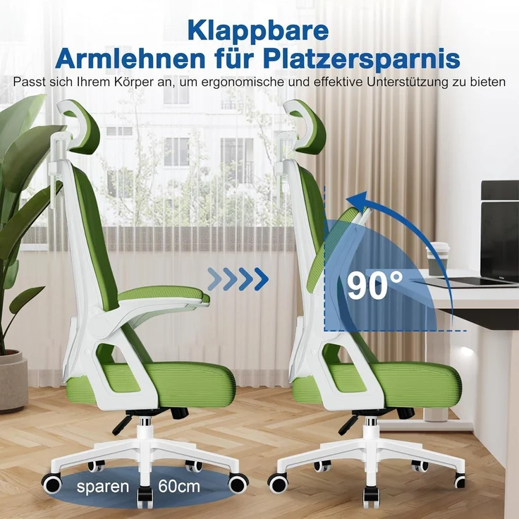 Ergonomischer Bürostuhl mit verstellbarer Kopfstütze und Armlehnen, Grün, 150kg – Bild 8