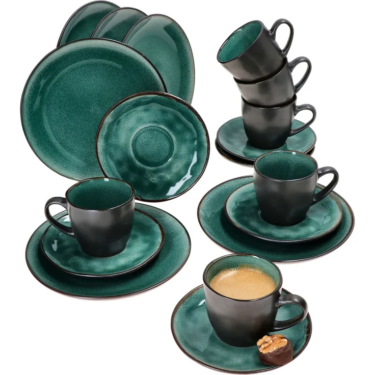 18tlg. Kaffeeservice Reactive Glaze Green Steingut Kuchen-Teller Tasse Mint-Grün