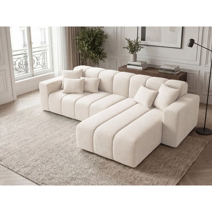GRAINGOLD Ecksofa L-Form Nork, Wohnzimmer Ecksofa, Couch L-Form, Velour-Stoff, Creme, Rechts – Bild 4