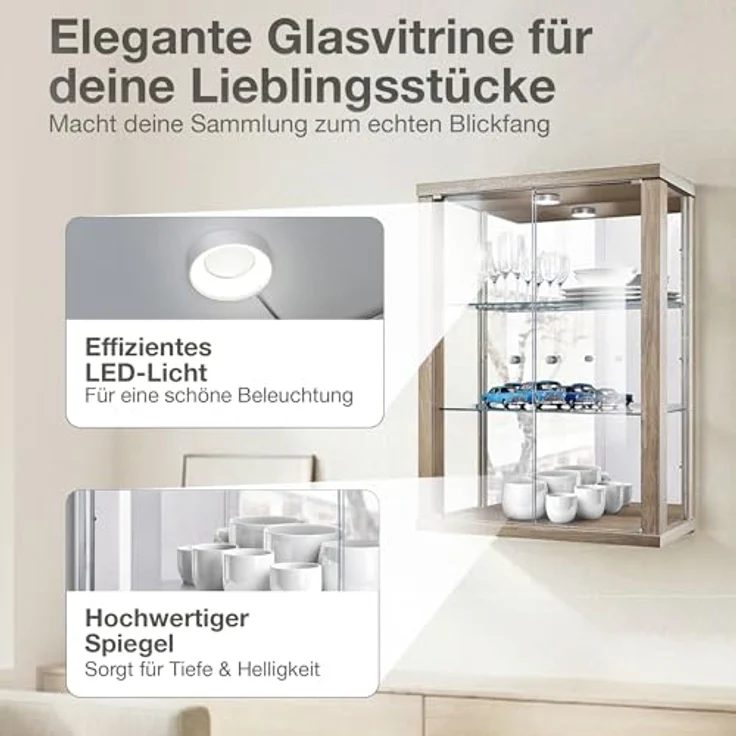 K-Möbel Hängevitrine, Sonoma Eiche Grau, Glas, 4 Fächer, Rechteckig, 60x80x25 cm, für Wohnzimmer und Wohnwände – Bild 6