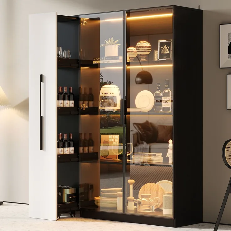 ZUBALIYA LED-Glasvitrine, integrierte LED-Beleuchtung, Türen aus gehärtetem Glas, ausziehbarer Seitenschrank auf Rollen, H 160 × B 110.5 × T 35 cm, Schwarz