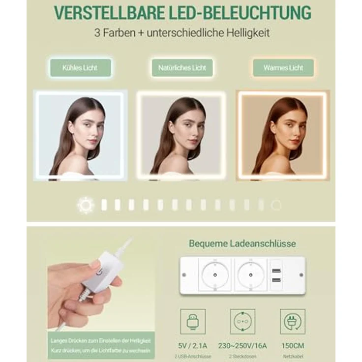 Schminktisch mit LED-Beleuchtung, mit Stecker und Föhnhalter, große Tischplatte 108 cm, Schminktisch mit 2 großen Schubladen mit Schmuckablage, 2 Schränke, 40 x 108 x 144 cm, Weiß – Bild 3