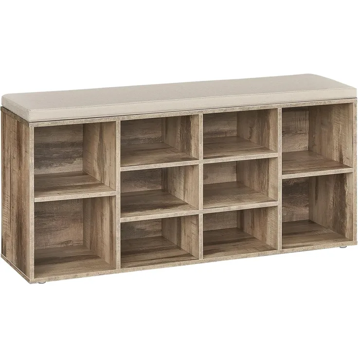 VASAGLE Schuhbank, Schuhregal mit Sitzfläche, Sitzbank mit Stauraum, gut gepolstert, Flurbank mit 10 Fächern, verstellbaren Ablagen, für Schlafzimmer, 30 x 104 x 48 cm, kamelbraun LHS010K02