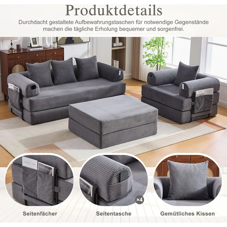 ZUBALIYA Ecksofa 94x67 cm, mit Ablageflächen, mit Cordbezug, mit breiten Armlehnen, modular aufgebaut, mit Schaumstoffpolsterung – Bild 4