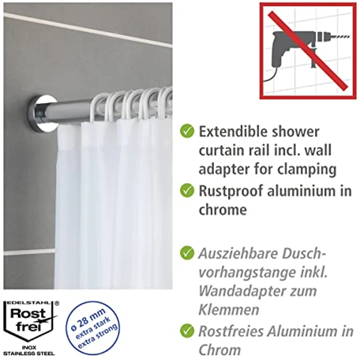 WENKO Duschvorhangstange Luz, Ø 280 mm, ausziehbar, ohne Bohren, geklemmt, Edelstahl, Kunststoff, ohne bohren, 110 - 185 cm, aus rostfreiem Edelstahl – Bild 4