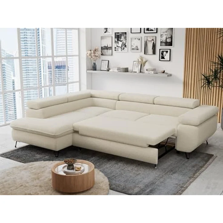 Mks Möbel 'Peter L-form' Ecksofa mit Bettfunktion, Bettkasten & einstellbaren Kopfstützen, Beige, Boucle, links – Bild 6