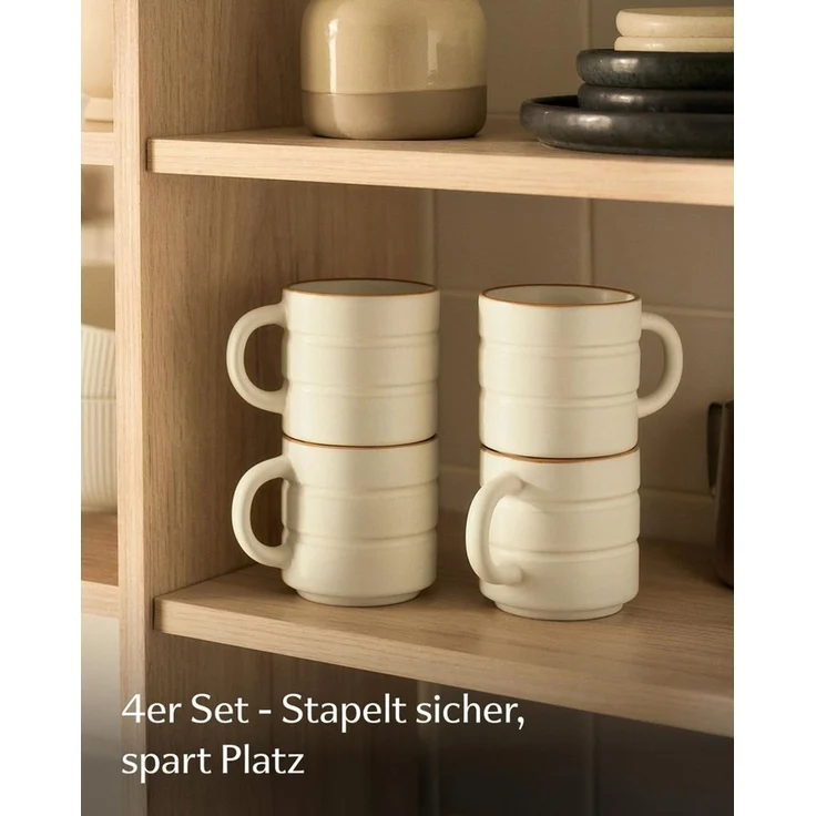 Cosumy Tasse Kaffeetassen Set 4 St. horizontal stapelbar Keramik - Rillenoptik, 4-tlg, Keramik, horizontal stapelbar, Rillenoptik, dickwandige Keramik, 4er-Set – Bild 2