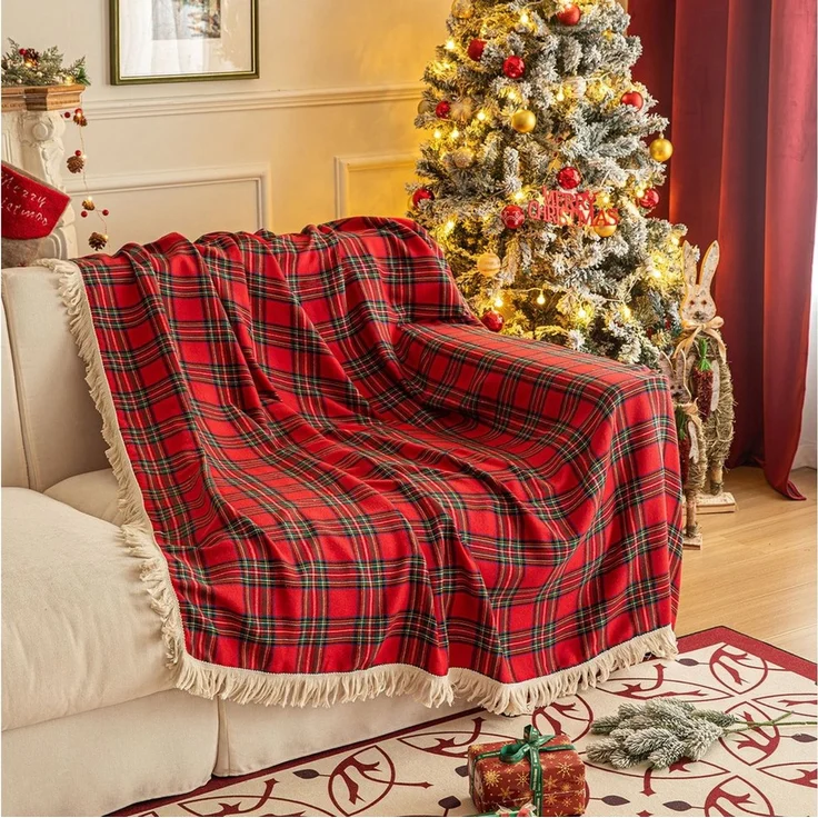 BTTO Sofaschoner Sofahusse Sofadecke mit Quasten, Weihnachten kariert,Weich Wohndecke, Sofadecke,Bettdecke,Babydecke – Bild 3
