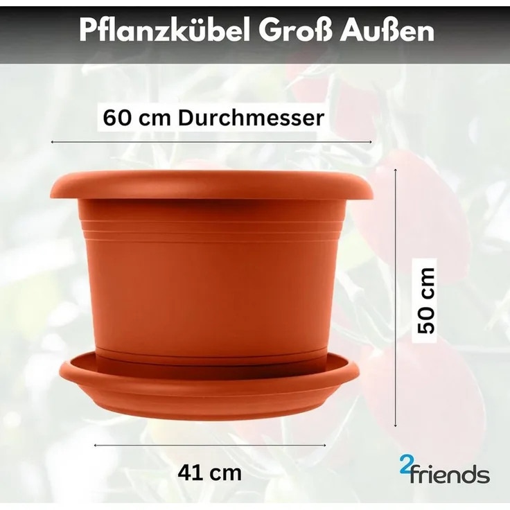 Centi Pflanzkübel Blumentopf Groß mit Untersetzer (2er-Set), 60 cm Durchmesser Terracotta, Pflanzkübe