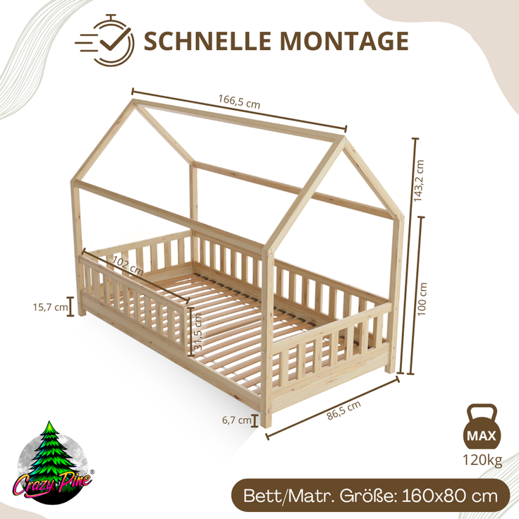 Crazy Pine 'Crazy Blanco' Hausbett mit Rausfallschutz, Skandinavisches Design, Naturholz, Natur, 80x160 cm, mit Höhenverstellbaren Beinen – Bild 2