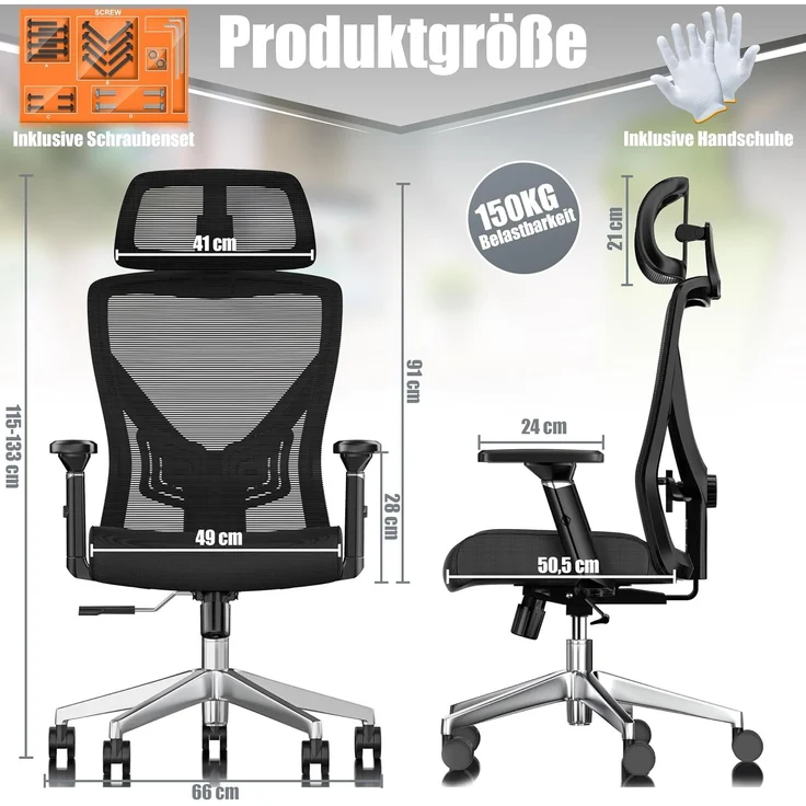 KESSER® Bürostuhl mit verstellbaren Armlehnen | Drehstuhl mit Lendenwirbelstütze Rückenschonend | Schreibtischstuhl ergonomisch mit Kopfstütze | Office Chair Wippfunktion bis 125° mit 5x Gummirollen Schwarz / Silber – Bild 2
