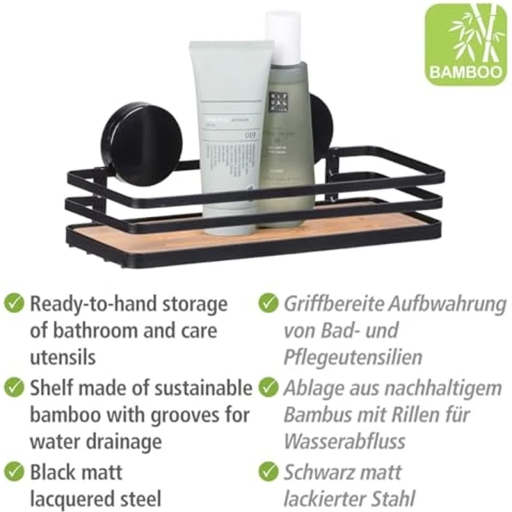 WENKO ALBA Duschablage, Schwarz/Braun, Befestigen ohne Bohren, Edelstahl/Bambus – Bild 5