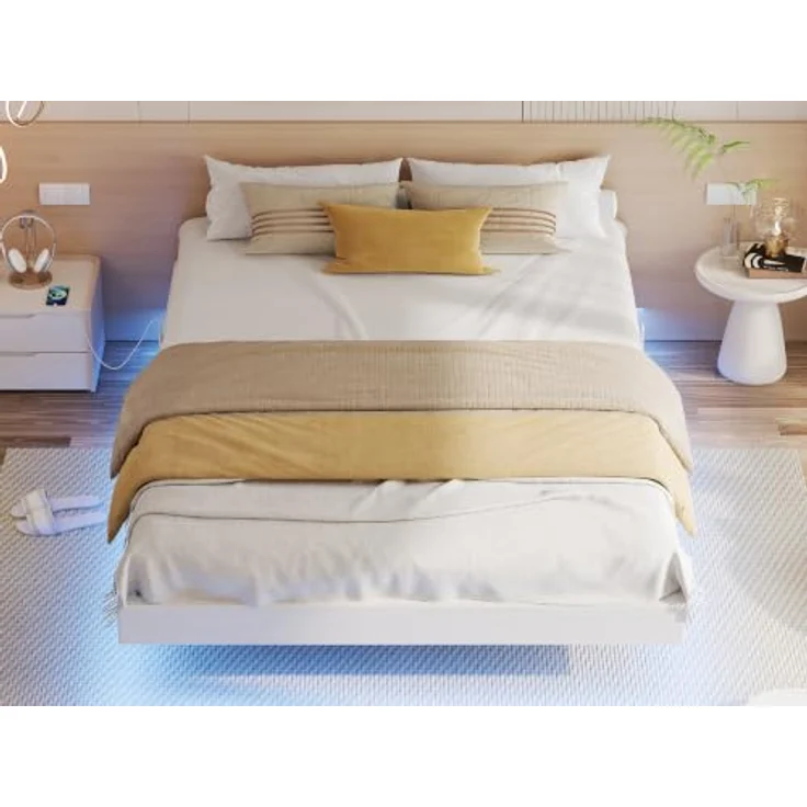 IRONCK Bettgestell 140x200 cm, Schwebender Bett mit LED Beleuchtung, Gepolsterte Seitenwände, 2 AC-Steckdosen, 2 USB-A-Anschluss, 1 USB-C-Anschluss, Metallbett mit Lattenrost Doppelbett, Weiß – Bild 8