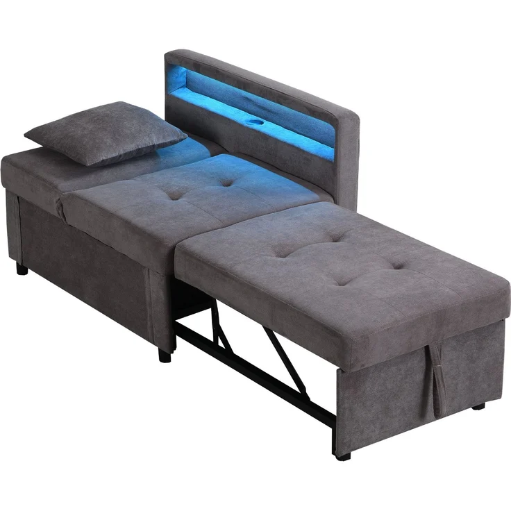 Merax Polsterbett Schlafsofa 3 in 1 Multifunktions-Schlafsofa, Leinenstoffsofa mit verstellbarer Rückenlehne, Die Armlehne verfügt über LED-Lichtleisten und USB-/Typ-C-Anschlüsse, Dunkelgrau – Bild 10