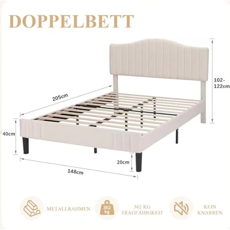 Polsterbett 140x200 cm Doppelbett, Bettgestell aus Teddy-Stoff mit höhenverstellbarem Kopfteil und Lattenrost aus Massivholz, 20 cm Stauraum unter dem Bett, modern, geräuscharm, beige – Bild 3