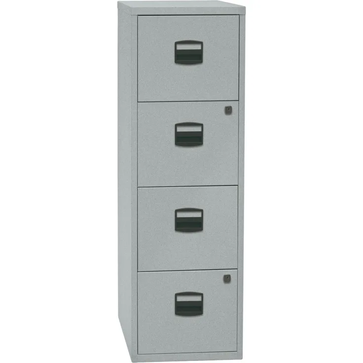 Bisley Home Hängeregistraturschrank mit Schloss aus Stahlblech, 4 Schubladen, einbahnig - Hängeregisterschrank abschließbar, Hängeregistratur für Hängemappen & Hängeordner - Farbe: silber, PFA4F-355