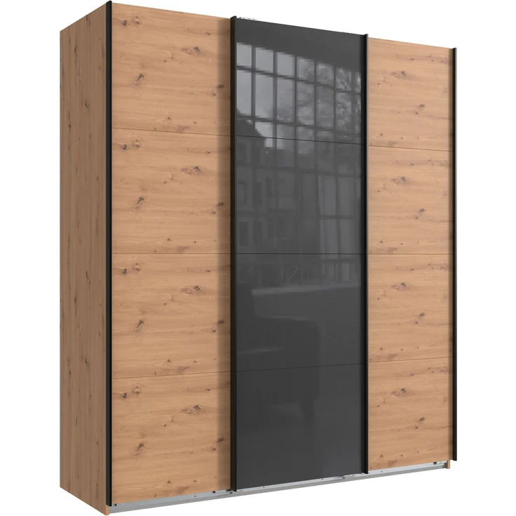 Schwebetürenschrank Kleiderschrank B180 cm H208 cm 3-trg. Eiche Artisan Dekor, 1 Tür Glas Grau – Bild 1
