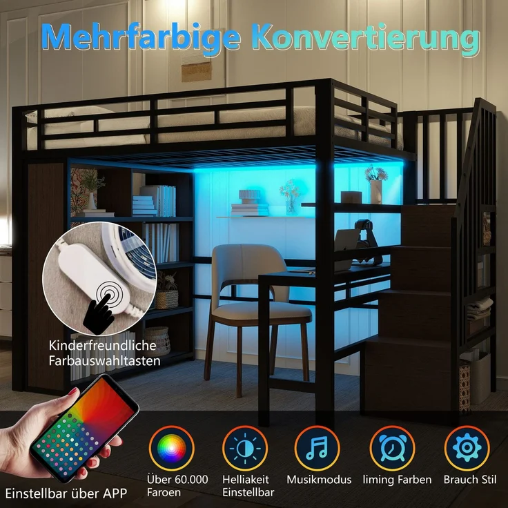 Hochbett mit RGB LED-Streifen, Schreibtisch, Bücherregal, Lattenrost, Treppe, Rausfallschutz, 140x200cm, Metallbett, Kinderbett – Bild 5