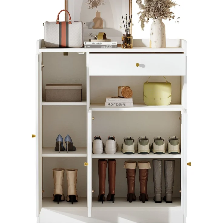 Rattan Schuhschrank / Aufbewahrungsschrank mit Stauraum, 1 Schublade, 3 Türen mit verstellbaren Regalen, für Eingangsbereich, Esszimmer und Flur, Weiß + Holz, Maße: 90 x 35 x 110 cm--Weiß+Natur--90x35x110cm--YOUDENOVA – Bild 7