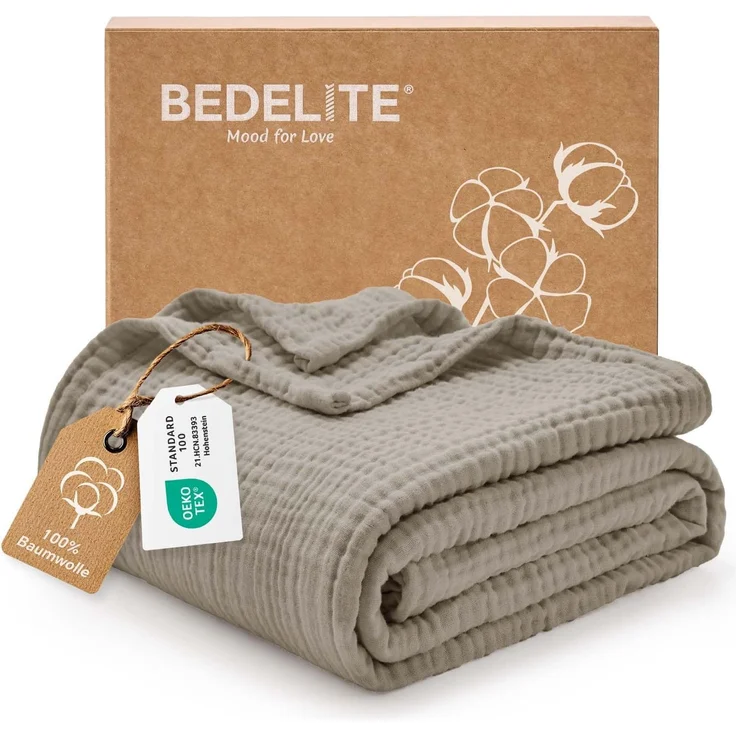 BEDELITE Musselin Decke 150x200 Erwachsene Tagesdecke Baumwolle, Taupe