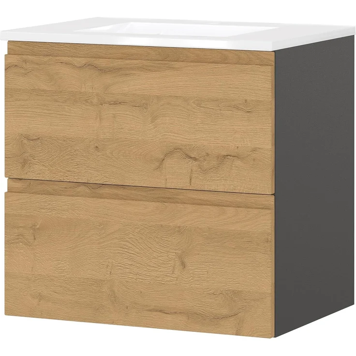Germania Waschtisch mit Becken 9088-564 GW-Salinas, in Graphit/Grandson-Eiche-Nb, Selbsteinzug der Schubladen, 61 x 61 x 47 cm (BxHxT)