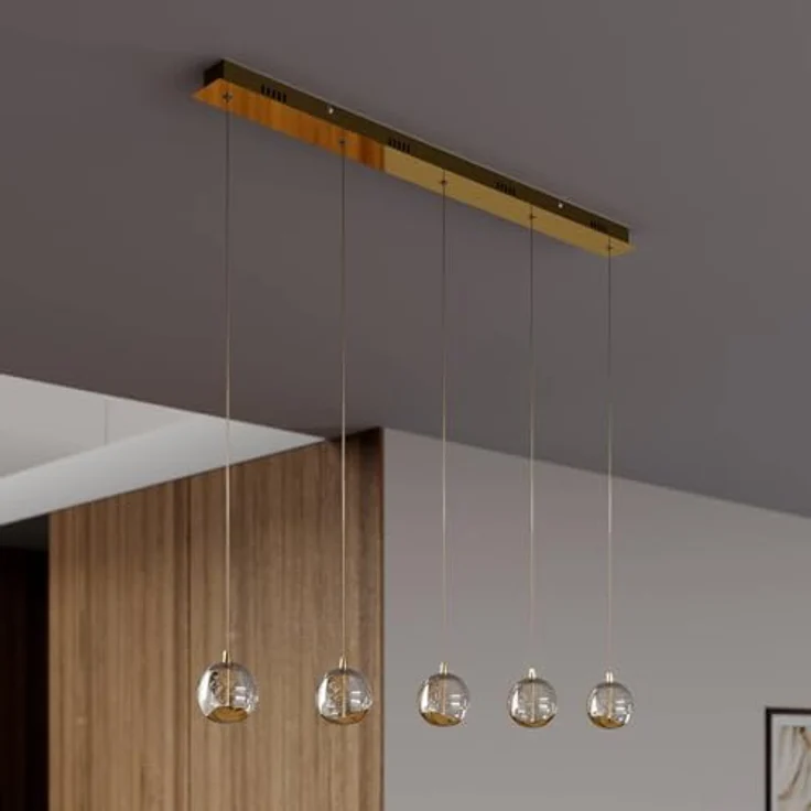 Lucande LED-Pendellampe Hayley, 96 cm, 5-flg., gold mit Glaskugeln und Blasenstruktur – Bild 4