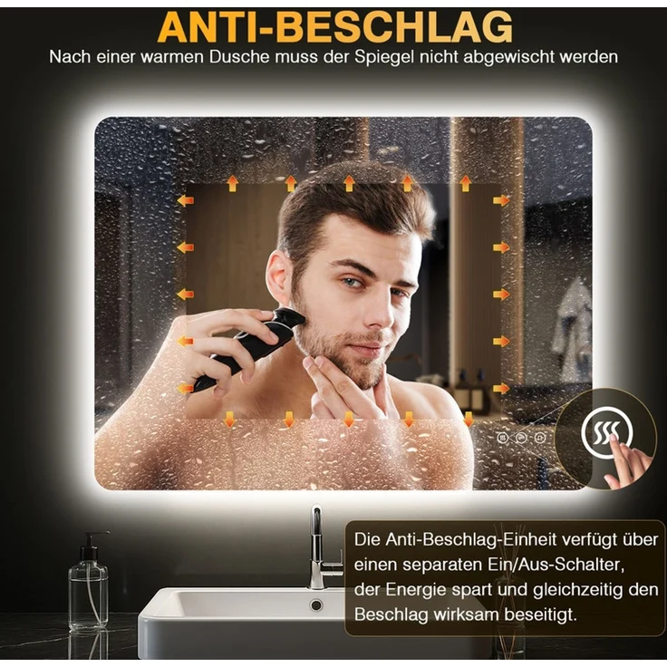 Pesenxan LED Badspiegel 80x60 cm, Badezimmerspiegel mit 3 Lichtfarben, dimmbar, Touch-Schalter & Antibeschlag, IP44, rahmenloses Design, für Badezimmer, Silber – Bild 3