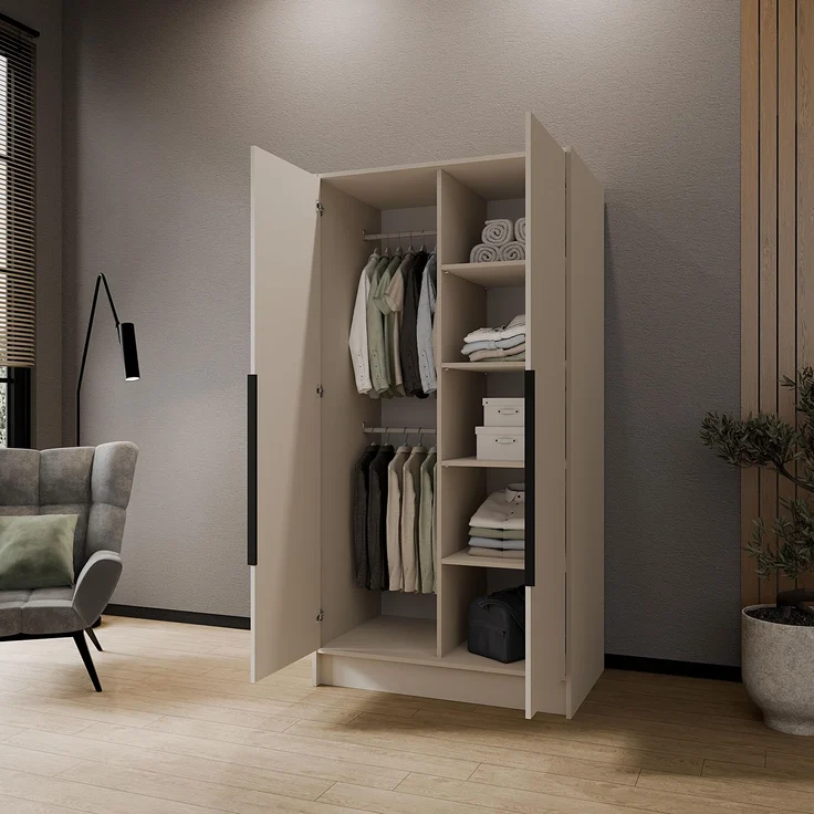 MEBLINI Kleiderschrank PORTINA 100cm - Kaschmir - mit schwarzen Griffen - Drehtürenschrank ohne Spiegel - Kleiderstangen und Regalböden – Bild 3