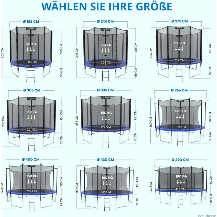 KINETIC SPORTS Trampolin Outdoor 'Salto Plus' - Komplett-Set für Kinder, USA Sprungtuch, Netz, Randpolster, Leiter, Blau-2, Ø 430 cm – Bild 8