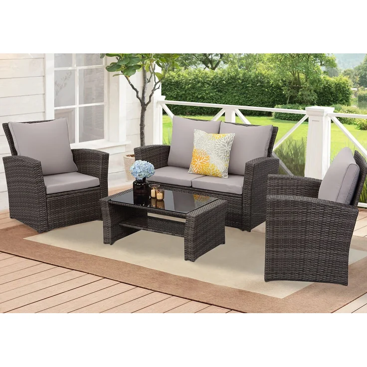 MeXo Gartenlounge-Set Balkonmöbel Set für 4 Personen, (Poly Rattan Gartenmöbel Set, 4-tlg, Lounge-Sets mit 2-Sitzer Sofa, 2 Sessel und Tisch mit Stauraum), wetterfeste Terrassenmöbel Set für kleiner Balkon – Bild 5