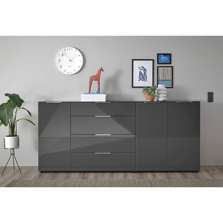 Stella Trading Sideboard Kommode SANTORIN Anthrazit mit Glasfront, Schrank Korpus in Anthrazit mit Oberboden in Glas und Schubladen für Ihren Wohnbereich - 226 x 99 x 40 cm (B/H/T) – Bild 2