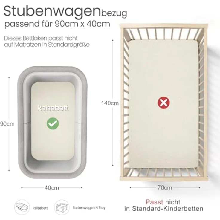 lulumoon Musselin Stubenwagen Spannbettlaken Set: Kinderwagen Matratzenbezug für Beistellbett und Wiege 100% Baumwolle 90x40 cm 2er Pack (Weiß Gelb) – Bild 3