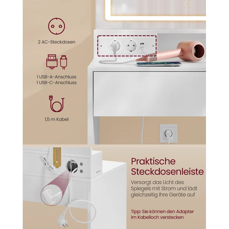 VASAGLE Schminktisch mit LED-Beleuchtung, Steckdosenleiste, Frisiertisch mit Schubladen, 90 cm breit, verstellbaren Ablagen, Schmuckaufbewahrung, für Schlafzimmer, wolkenweiß RDT134W01 – Bild 4