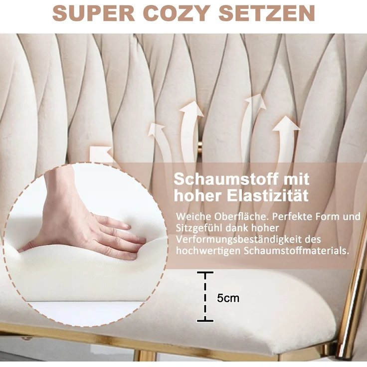 Elegantes 2er-Set Samt-Esszimmerstühle mit goldenen Metallbeinen und handgewebtem Design in Ivory – Bild 7