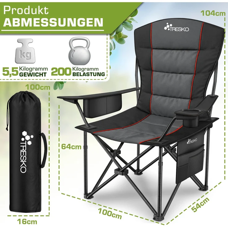 TRESKO® Campingstuhl Faltbar bis 200kg | Faltstuhl mit Kühltasche, Getränkehalter & Seitentasche | Klappstuhl XXL inkl. Tragetasche | Angelstuhl gepolstert für Outdoor, Angeln, Festival & Garten – Bild 2