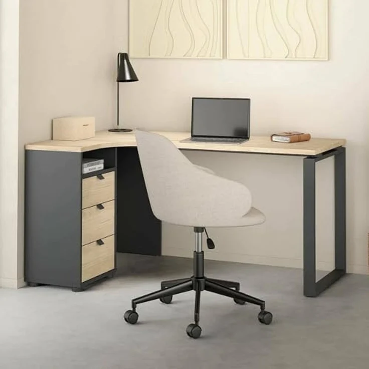 Dmora - Schreibtisch Noemie, Mehrzweckschreibtisch, Bürotisch für PC, Eckschreibtisch, 150x100 h76 cm, Eiche und Grau – Bild 1