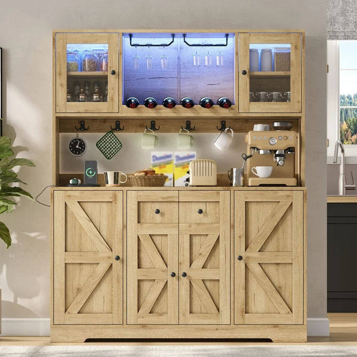 Küchenschrank, hoher Schrank mit LED-Beleuchtung und Steckdosen, Vorratsschrank mit Acrylglastüren, Weinregalen und Weinglashaltern, Vitrinenschrank für Wohnzimmer & Esszimmer, 140 × 40 × 173 cm--Natürlich--140x40x173cm--YOUDENOVA – Bild 5
