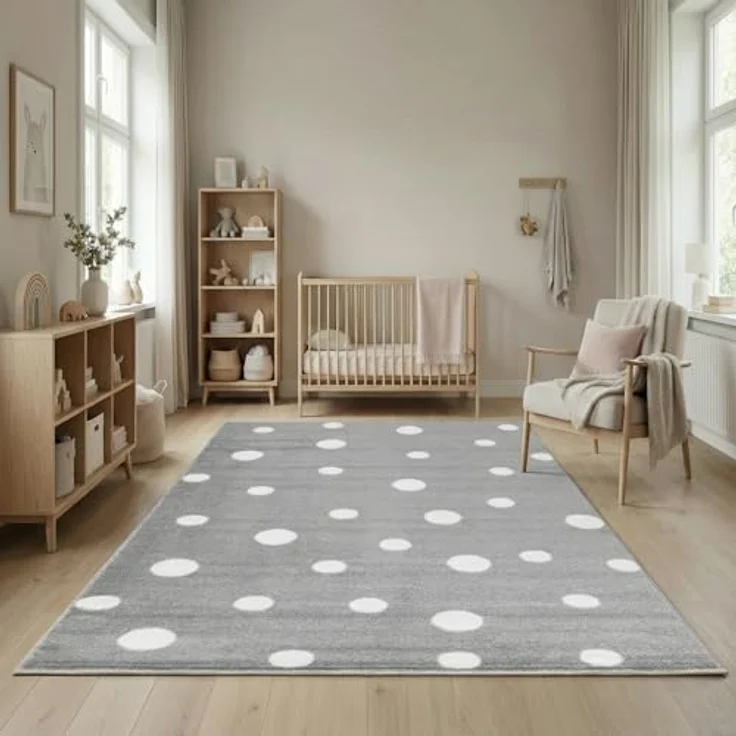 Jimri Kinderteppich DOTS l Pünktchen Gepunktet | Farbe: Beige Blau Rosa | Kinderzimmer/Jugendzimmer (Grau, 160x230 cm) – Bild 4