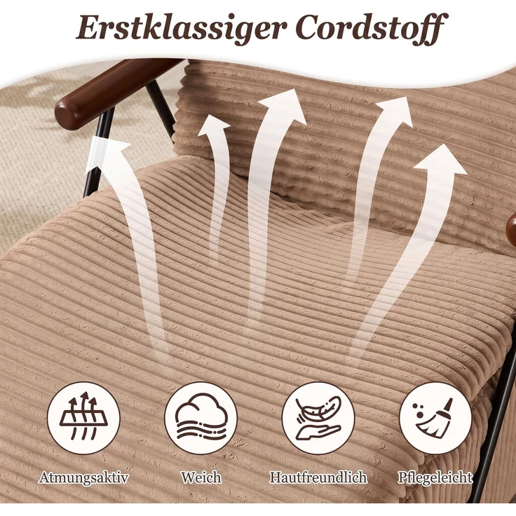 LVHOM Relaxsessel mit Lattenrost, ergonomischer Fernsehsessel, gepolsterter Loungesessel mit Armlehnen, XXL Lesesessel für Wohn- und Schlafzimmer, Cord Braun – Bild 4