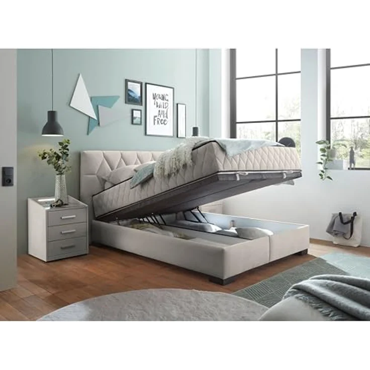 NAGOL B Boxbett 140x200, Sand - Bequemes Bett mit Bettkasten und Premium 9-Zonen-Federkern Wendematratze - 165 x 114 x 214 cm (B/H/T) – Bild 5