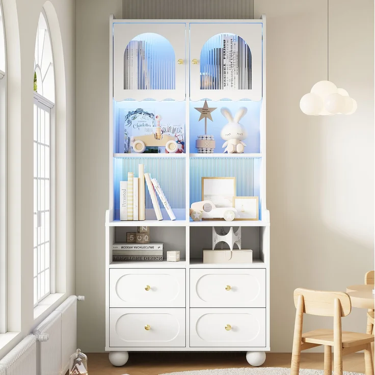 Glasvitrine mit Rippglas, LED-Beleuchtung und 4 Schubladen, 80x40x180 cm, Weiß – Bild 4