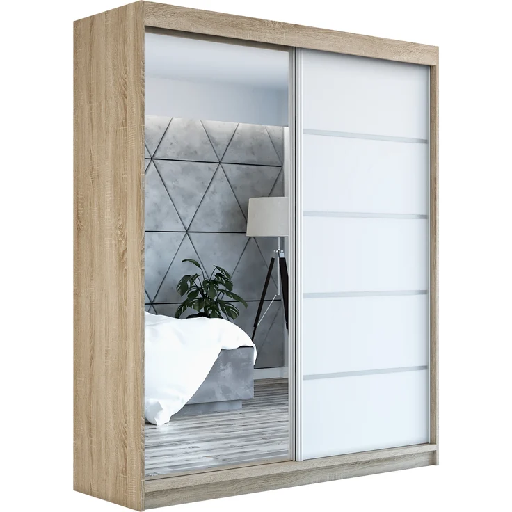 Schwebetürenschrank GAP 2-türig Schrank 160 cm (mit Spiegel) Farbe: Sonoma, weiß – Bild 1