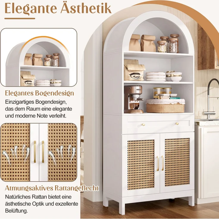 Moderner gewölbter Vitrinen- und Aufbewahrungsschrank, 170 cm hoch, Rattantüren, 3 Präsentationsfächer + 2 Türen + 1 Schublade, für Wohnzimmer und Flur, Weiß+ Holzoptik, Maße: 70 × 40 × 170 cm.--Weiß+Natur--70x40x170cm--YOUDENOVA – Bild 9