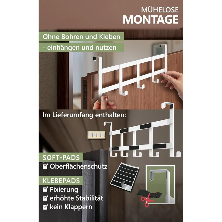 4smile Türgarderobe zum Einhängen – Weisse Türhaken universell verwendbar, flexible Kleiderhaken Tür, robust - Vielseitige Haken zum Einhängen, platzsparende Türhakenleiste für gesamte Wohnung – Bild 6