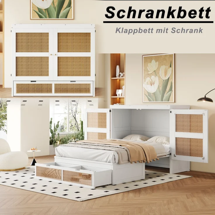 Schrankbett aus Holz mit Lattenrost & Schubladen, 140x200 cm, Weiß, ohne Matratze – Bild 6