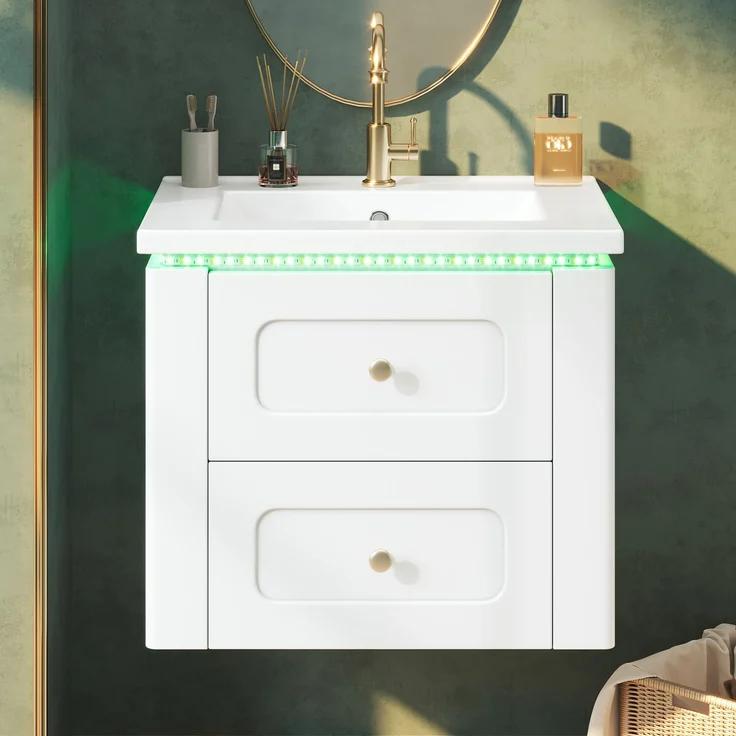 Badmöbel mit Waschbecken 61 x 47 x 50 cm, wandhängend, Weiß glänzend, mit LED und Schubladen – Bild 2