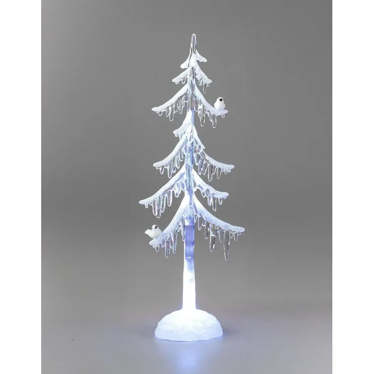 formano LED Weihnachtsbaum Acryl 25 cm Dekobaum mit Licht & Vogel – Winterdeko mit Schnee-Effekt & Eiszapfen – stilvolle Weihnachtsdeko batteriebetrieben – klare Deko für Tisch & Fenster