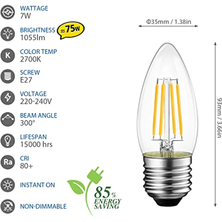 LVWIT 4W E27 Filament LED Glühfaden C35, 2700K Warmweiß, Ersatz für 40W Glühlampe, ultrahell 470 lm, nicht dimmbar, Rustikalampe in Kerzenform, Filamentstil klar (6er Pack) – Bild 2